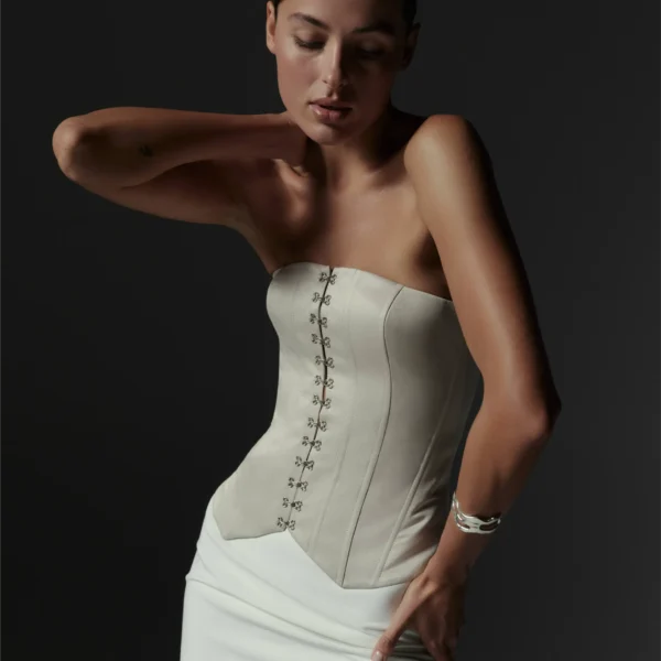 Satin Corset Decorated With Hooks   Beige